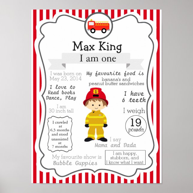 Feuerwehrmann Erstgeburtenposter für einen Jungen Poster (Vorne)