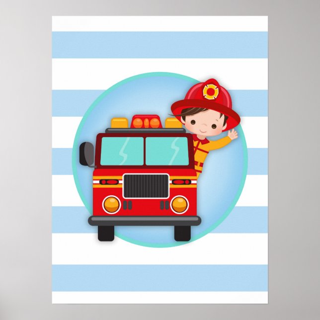 Feuerwehrmann Feuerwehrauto Braunhaariger Junge Poster (Vorne)