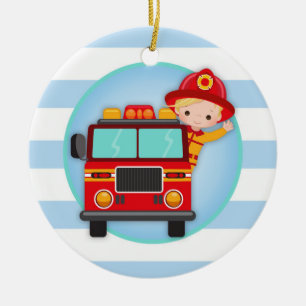 Feuerwehrmann-Löschfahrzeug-blondes Haar-Junge Keramik Ornament
