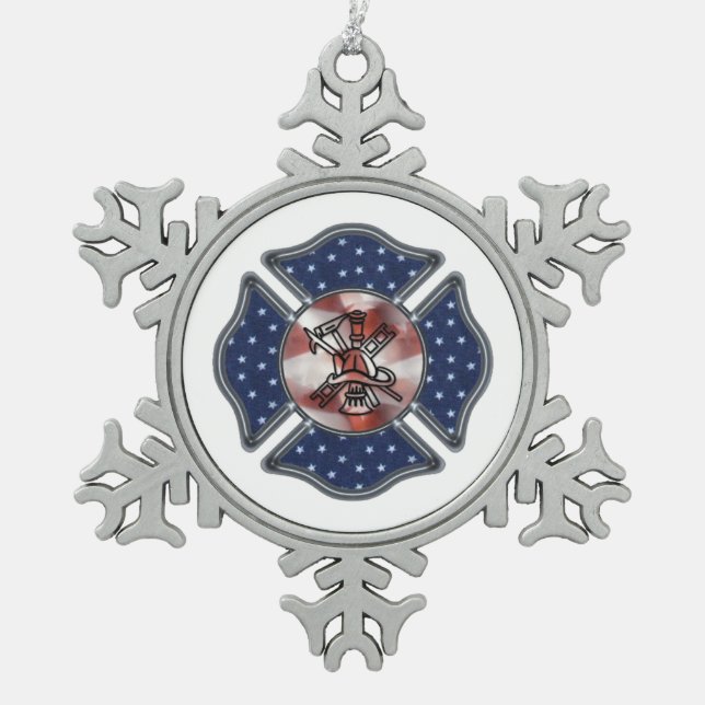 Feuerwehrmann patriotisch schneeflocken Zinn-Ornament (Vorderseite)