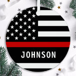 Feuerwehrmann Personalisiert Moderne dünne rote Li Ornament Aus Metall<br><div class="desc">Personalized Thin Red Line Ornament - American flag in Firefighter Flag colors, modern black design . Personalize with firefighter name, or fire department. This personalized firefighter ornament is perfect for fire departments, fire service, or as a memorial keepsake and fire department Christmas gifts o / r stocking stuffers. Order these...</div>