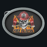 Feuerwehrmann-Schädel 4 und lodernde Äxte Ovale Gürtelschnalle<br><div class="desc">Zeigen Sie heftigen Stolz in, was Sie tun, mit diesem coolen und furchtlosen Feuerwehrmann, den Schädel mit dem Flammen der gekreuzten Äxte für Feuerwehrmänner entwerfen. Ein ausgezeichnetes Geschenk für den Feuerleiter, Feuergruppe oder jeden möglichen Feuerwehrmann mit einer heftigen Leidenschaft für kämpfendes Feuer und das Retten lebt. Personifizieren Sie Ihr Produkt,...</div>