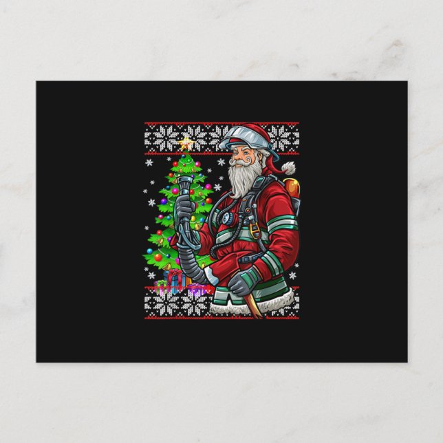 Feuerwehrmann Weihnachtsmann Feuerwerk Kostüm Ugly Feiertagspostkarte (Vorderseite)