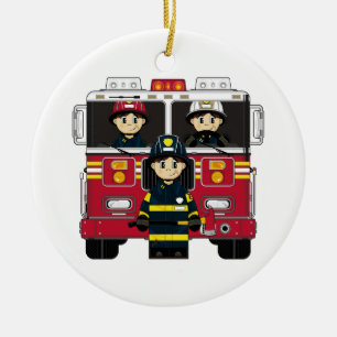 Feuerwehrmänner mit Feuer-Motor-Verzierung Keramik Ornament