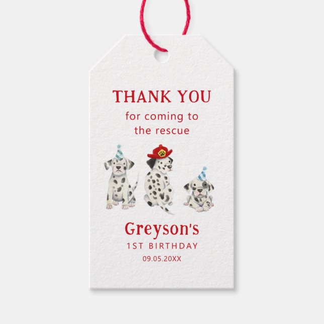 Feuerwehrrettungshunde Junge Geburtstagspartei Geschenkanhänger (Vorderseite)