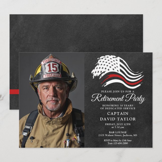 Feuerwehrruhestand Party Thin Red Line Foto Einladung (Vorne/Hinten)