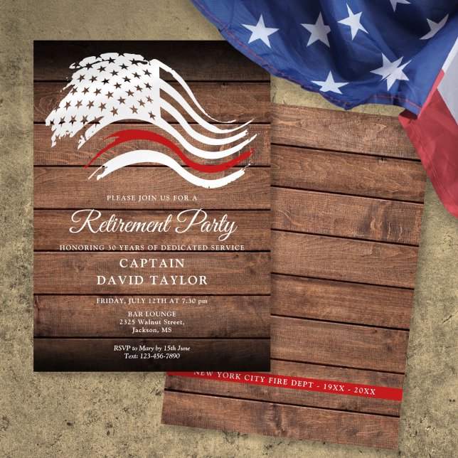 Feuerwehrruhestand Party Thin Red Line Rustikal Einladung (Firefighter Retirement Party Thin Red Line Rustic Invitation)