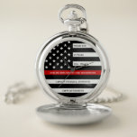 Feuerwehrruhestand Personalisiert dünne rote Linie Taschenuhr<br><div class="desc">Feiern Sie einen hervorragenden Feuerwehrmann mit dieser Thin Red Line Retirement oder Firefighter Watch - American Flag Design in Firefighter Flag Farben in einem modernen schwarzen und roten Design und zeigen Sie Ihre Wertschätzung. Ideal für Feuerwehrauszeichnungen und Feuerwehrleute-Ruhestandsgeschenke und Feuerwehrleute-Ruhestand. Personalisieren Sie diese Feuerwehr Ruhestandswache mit Namen und , Jahre...</div>