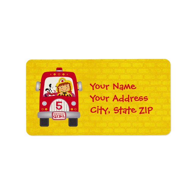 Feuerwehrwagen Birthday Girl v1 Adressaufkleber (Vorne)