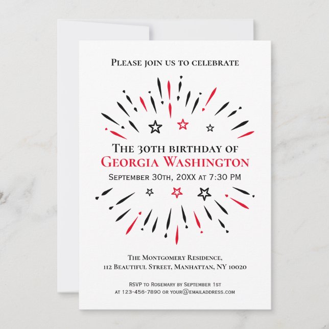 Feuerwerk 30. Geburtstag Party Schwarz-weiß Rot Einladung (Vorderseite)