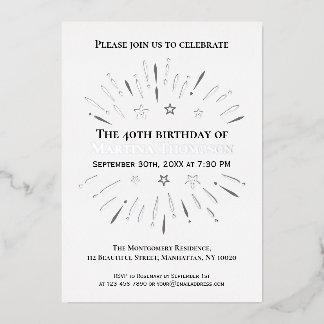 Feuerwerk 40. Geburtstag Party Schwarz-weiß Grau Folieneinladung