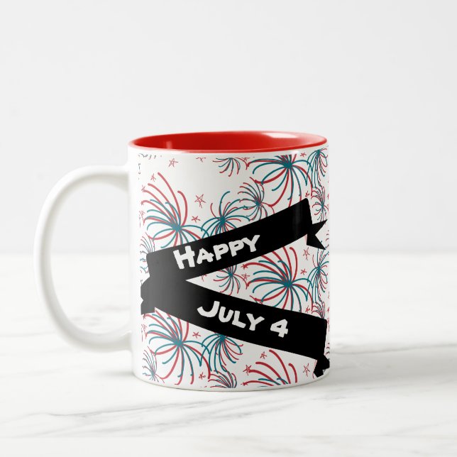 Feuerwerk 4. Juli Stars Doodles Banner Zweifarbige Tasse (Links)