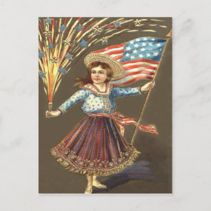 Feuerwerk Knallkörper Mädchen US-Flagge Stern Postkarte