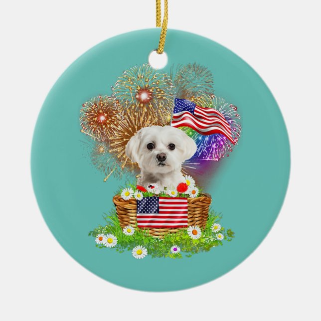 Feuerwerk Malteser Hund 4. Juli USA Flagge Keramik Ornament (Vorne)