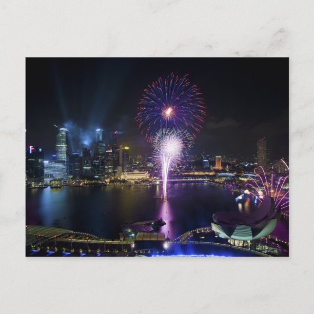 Feuerwerk Show in Boat Quay Singapur City Skyline Postkarte (Vorderseite)