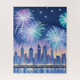 Feuerwerk Stadtlandschaft Blau Lofi Digitale Aqu Puzzle