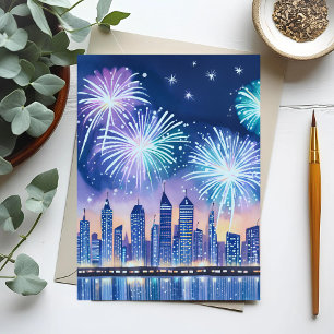 Feuerwerk Stadtlandschaft   Blaue Lofi Digital-Was Postkarte