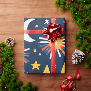 Feuerwerk und Sterne und Mond auf Schwarz Geschenkpapier