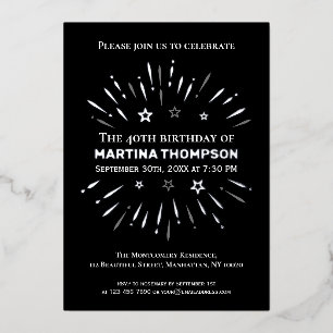 Feuerwerke Schwarz-weiß Grau 40. Geburtstag Party Folieneinladung