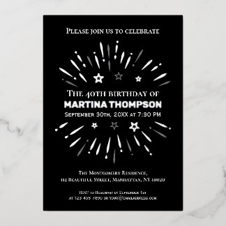 Feuerwerke Schwarz-weiß Grau 40. Geburtstag Party Folieneinladung