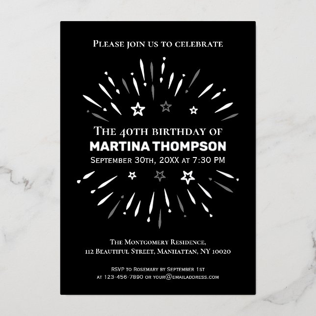 Feuerwerke Schwarz-weiß Grau 40. Geburtstag Party Folieneinladung (Vorderseite)