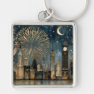 Feuerwerksfeier zur nächtlichen Skyline Schlüsselanhänger