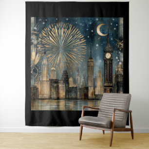 Feuerwerksfeier zur nächtlichen Skyline Wandteppich