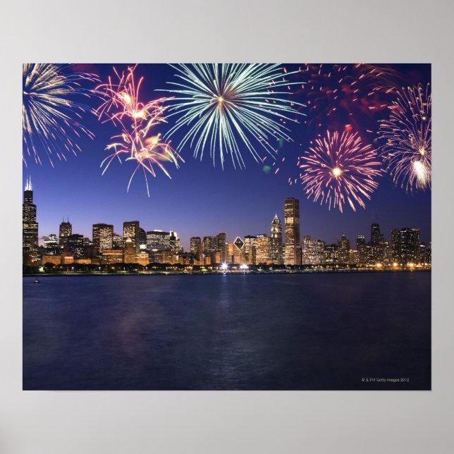 Feuerwerkskörper über der Skyline von Chicago 2 Poster (Vorne)