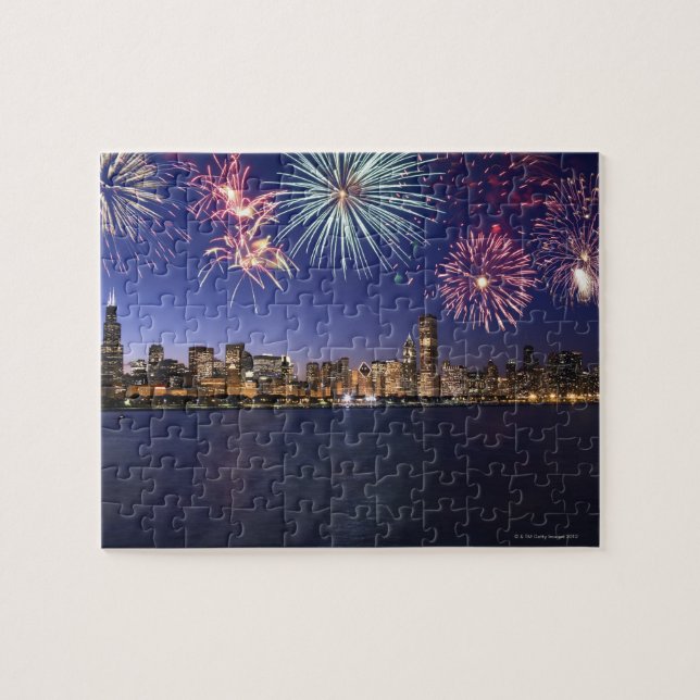 Feuerwerkskörper über der Skyline von Chicago 2 Puzzle (Horizontal)
