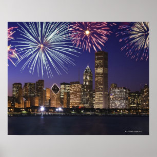Feuerwerkskörper über der Skyline von Chicago Poster
