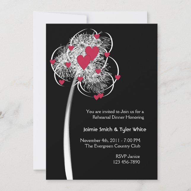 Feuerwerkskörper und Herz Tree Reheasal Abendessen Einladung (Vorderseite)