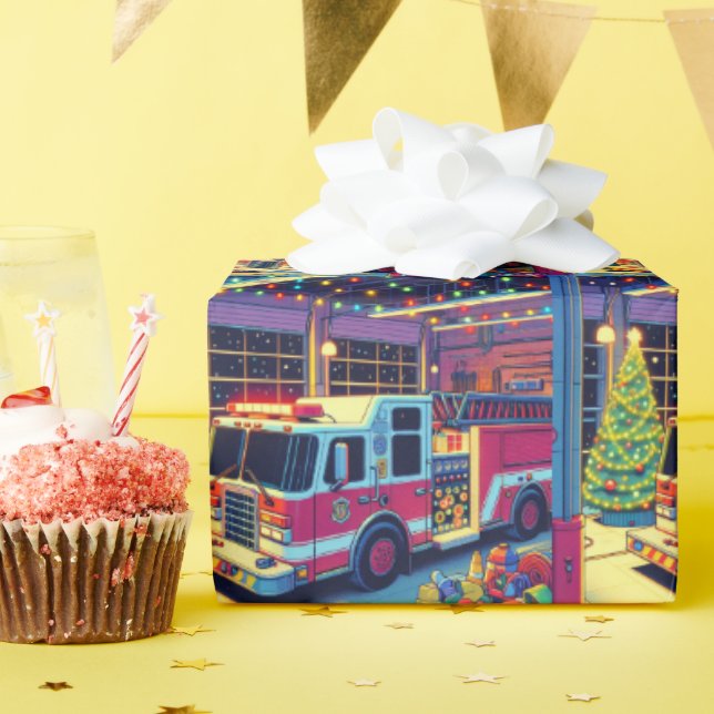 Feuerzug in Feuerwehr Weihnachtsbaum und Geschenk Geschenkpapier (Geburtstagsparty)