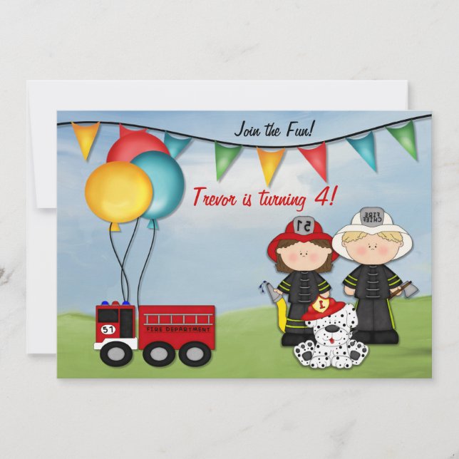 Feuerzug und kleiner Feuerwehrmann Geburtstag Einladung (Vorderseite)