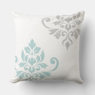 Feuille Damask Art I Duck Egg Blue & Grey on White Kissen
