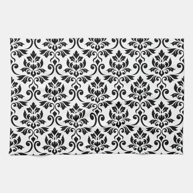 Feuille Damask Big Pattern Black auf Weiß Küchentuch (Horizontal)
