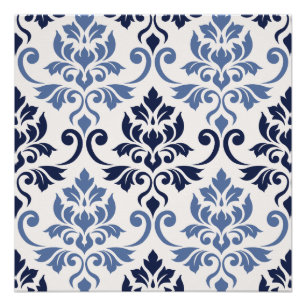 Feuille Damask Big Pattern Blues auf Creme Poster