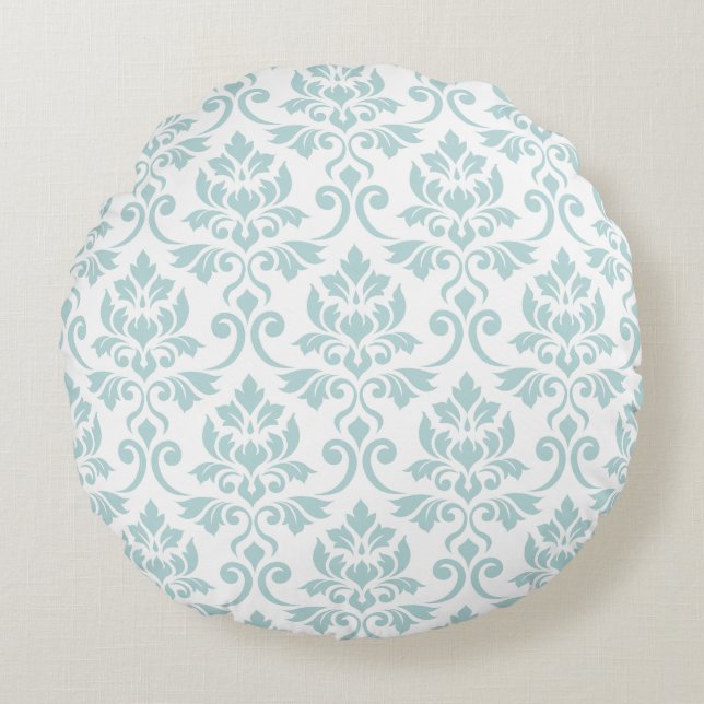 Feuille Damask Big Pattern Duck Egg Blue auf Weiß Rundes Kissen (Vorderseite)