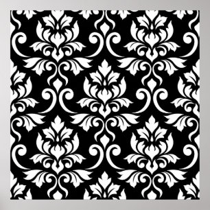 Feuille Damask Großes Muster Weiß auf Schwarz Poster