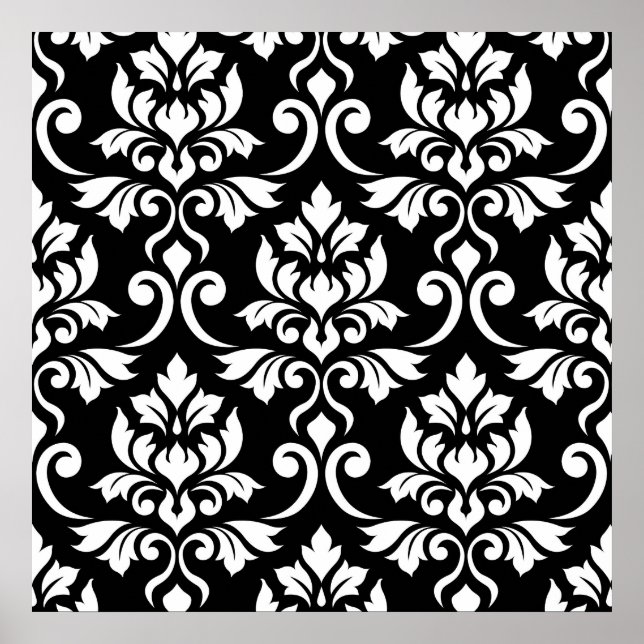 Feuille Damask Großes Muster Weiß auf Schwarz Poster (Vorne)