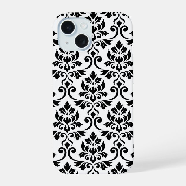 Feuille Damask Lg Muster Black auf Weiß iPhone 15 Hülle (Rückseite)