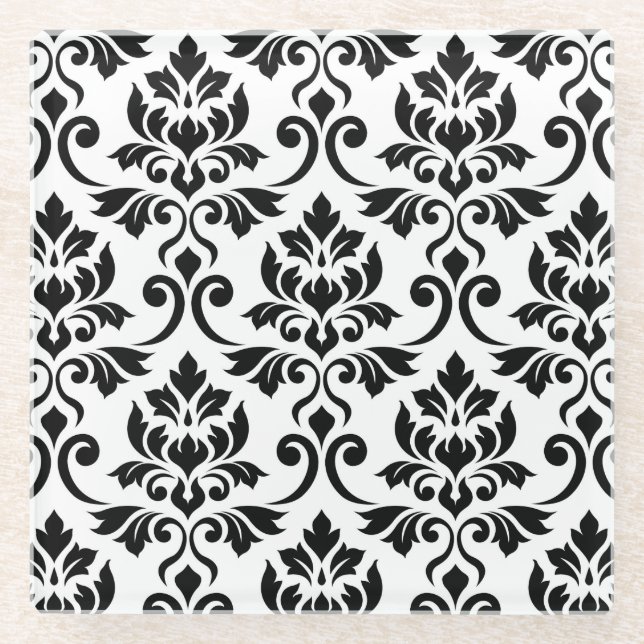 Feuille Damask Muster Black auf Weiß Glasuntersetzer (Vorderseite)