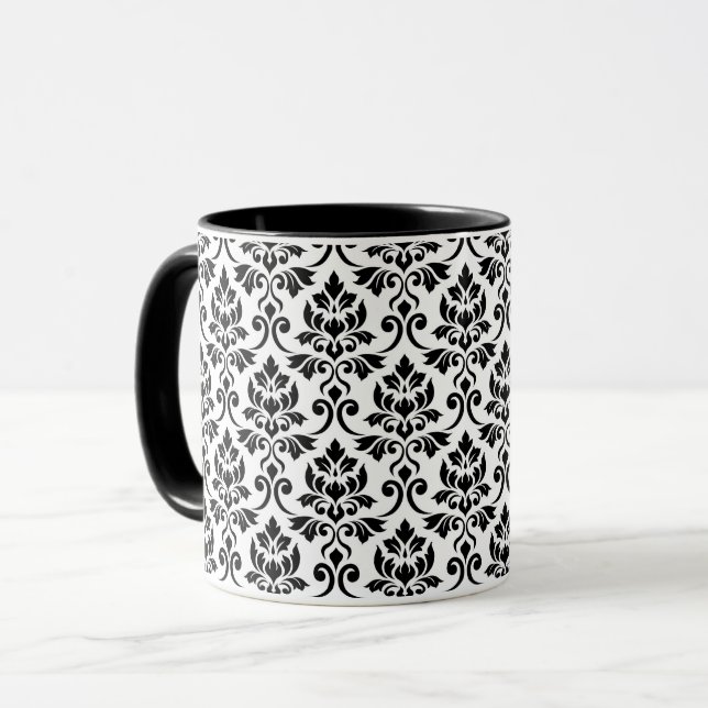 Feuille Damask Muster Black auf Weiß Tasse (Vorderseite Links)