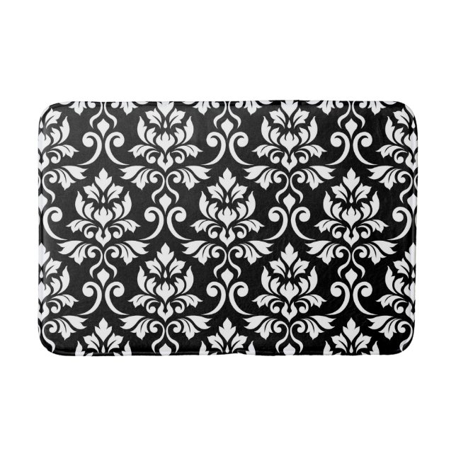 Feuille Damask Muster Weiß auf Schwarz Badematte (Vorderseite)