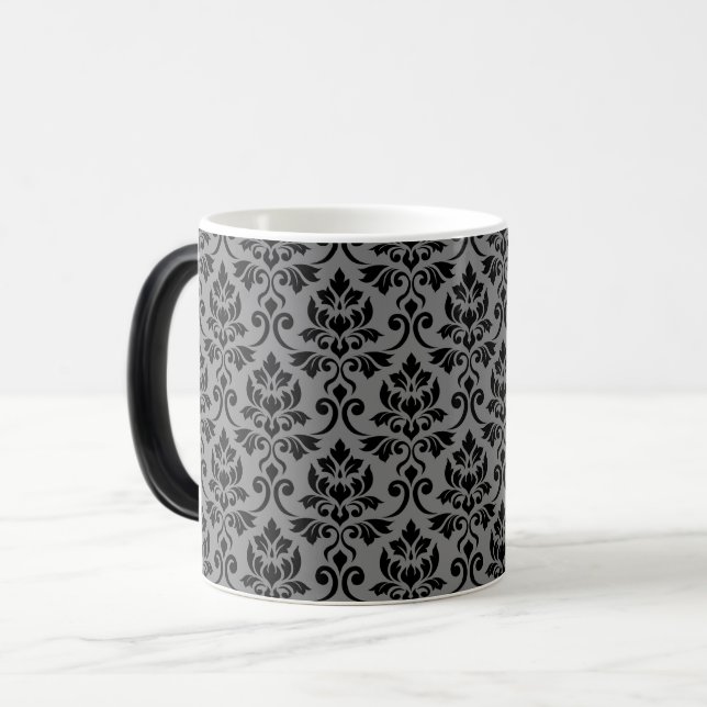 Feuille Damask Pattern Black auf Grau Verwandlungstasse (Vorderseite Links)