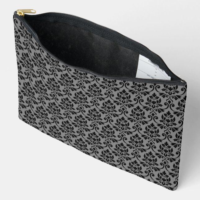 Feuille Damask Pattern Black auf Grau Zubehörtasche (Offen)