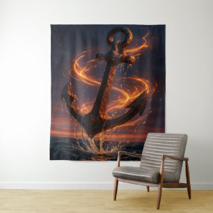 Feurig-rustikaler Anker – Nautische Fantasy-Wandku Wandteppich