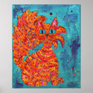 Feurige Katze auf Türkis Poster