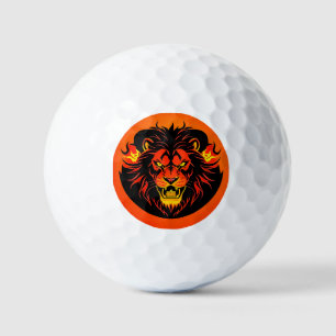 Feurige Löwenillustration umgeben von Flamboyant Golfball