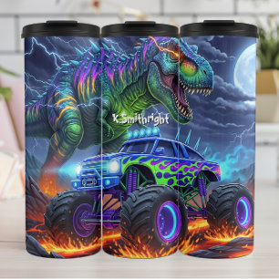 Feuriger Dinosaurier-Monstertruck-Kampf Thermosbecher