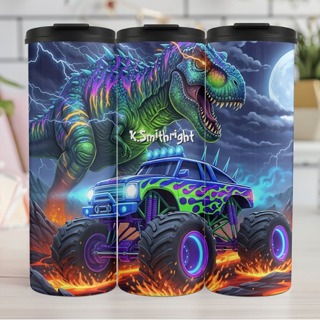 Feuriger Dinosaurier-Monstertruck-Kampf Thermosbecher (Von Creator hochgeladen)